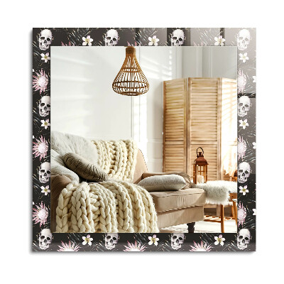 Obdĺžnikové zrkadlo rám s potlačou Lebky a kvety