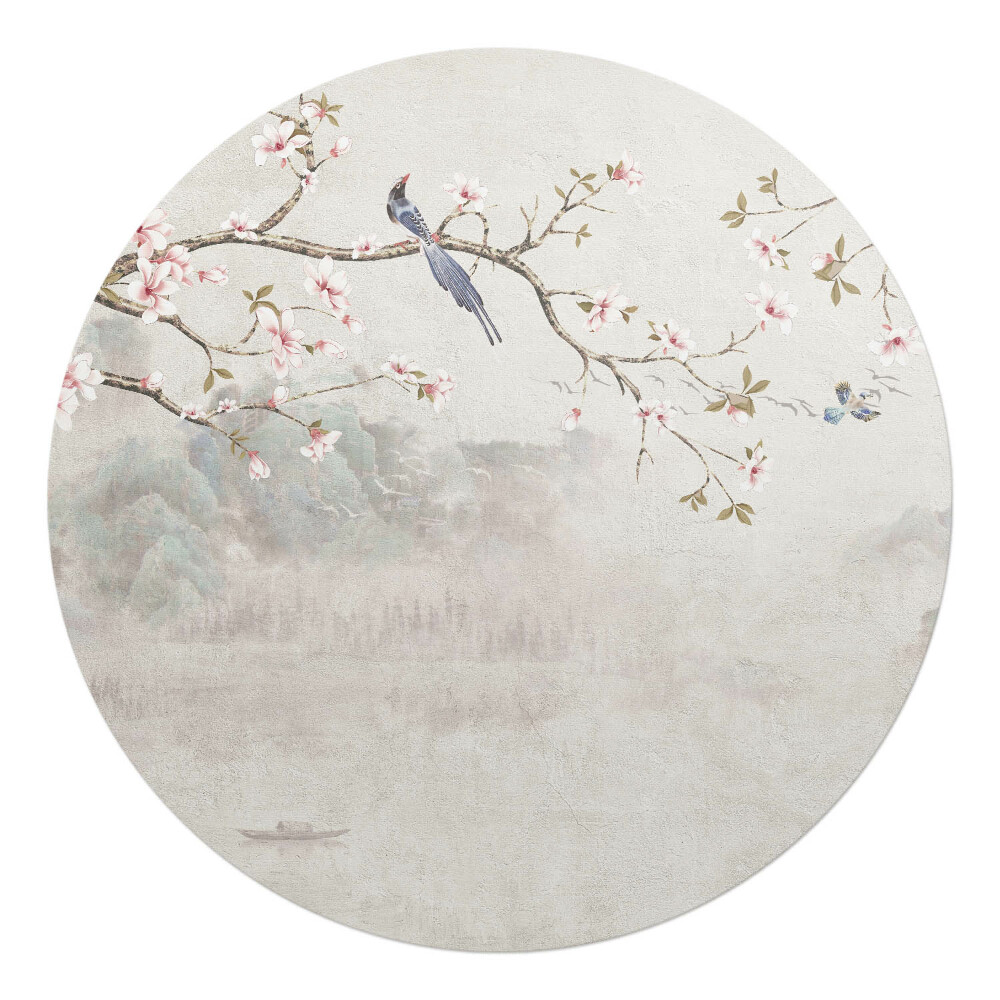 Podložka pod kolieskovú stoličku okrúhla Kvety a vtáky na konári