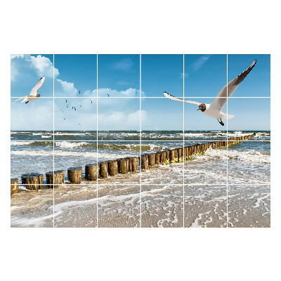 Nálepky na dlaždice Morská krajina s vtákmi