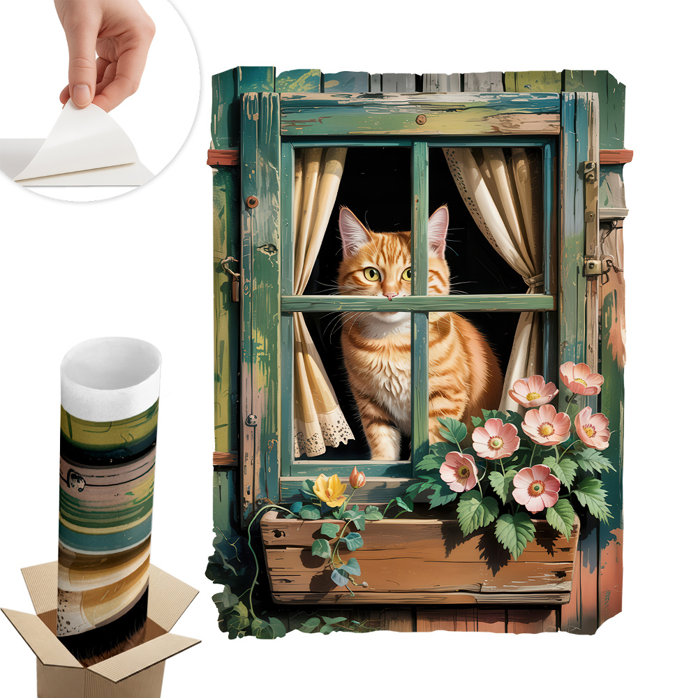 Falošné okno na stenu 75x100 Mačiatko v okne