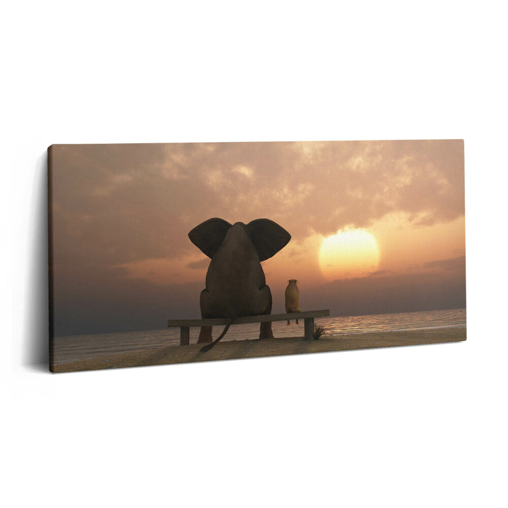 Obraz na plátne 100x50 Slon a pes pri západe slnka.