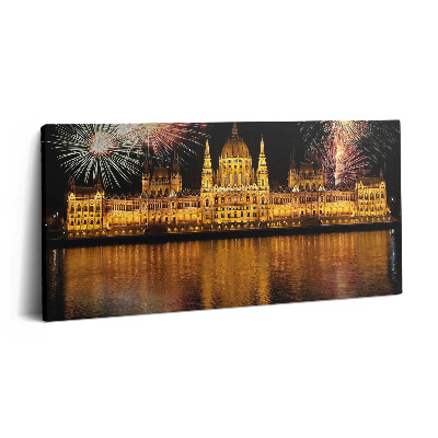 Fotoobraz na plátne 120x60 Ohňostroj nad osvetlenou budovou parlamentu