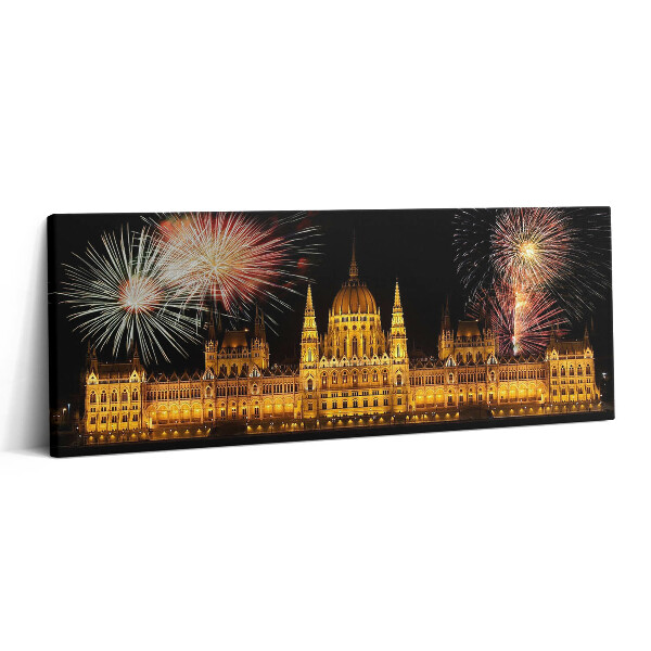 Fotoobraz na plátne 125x50 Budapešťský parlament s ohňostrojom