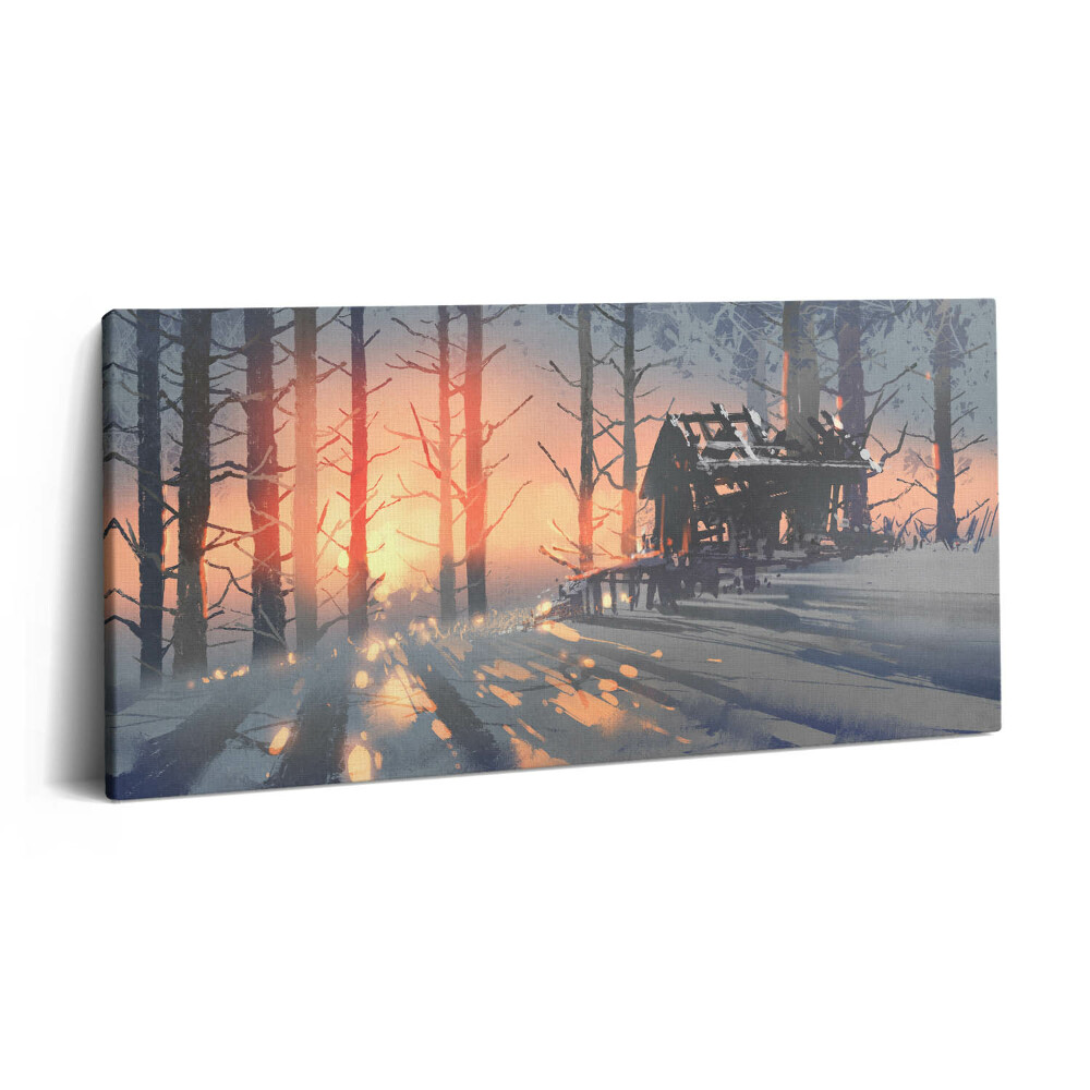 Obraz na plátne 140x70 Zimný súmrak v lese s chatou