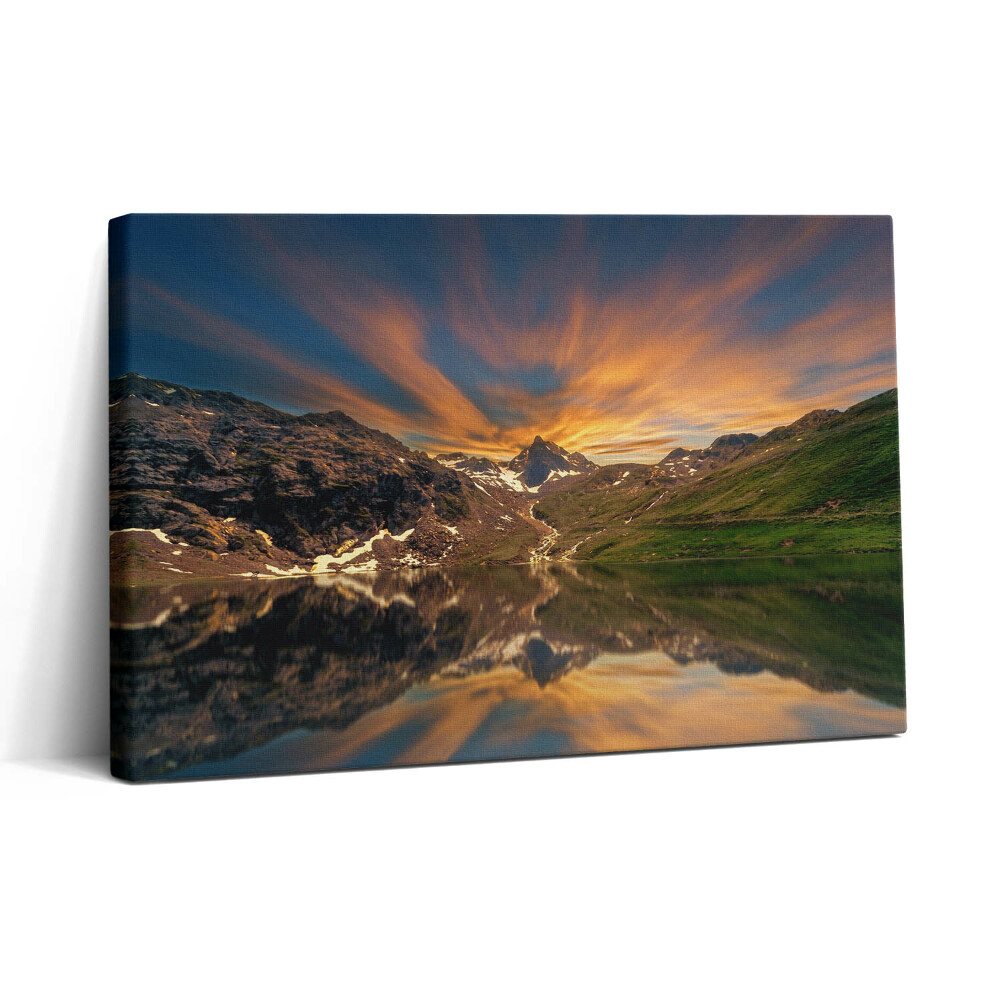 Obraz na plátne 30x20 Hory pri západe slnka s odrazom