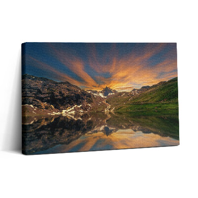 Obraz na plátne 30x20 Hory pri západe slnka s odrazom