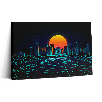 Obraz na plátne 30x20 Retro futuristická mestská krajina so západom slnka