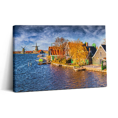 Obraz na plátne 30x20 Veterné mlyny pri rieke a domy