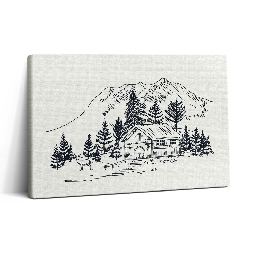 Obraz na plátne 30x20 Horská chata v lese s jeleňom