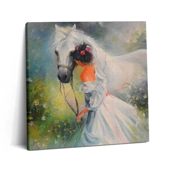 Obraz na plátne 60x60 Dáma s bielym koňom v lúke