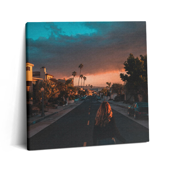 Obraz na plátne 60x60 Západ slnka na palmami lemovanej ulici