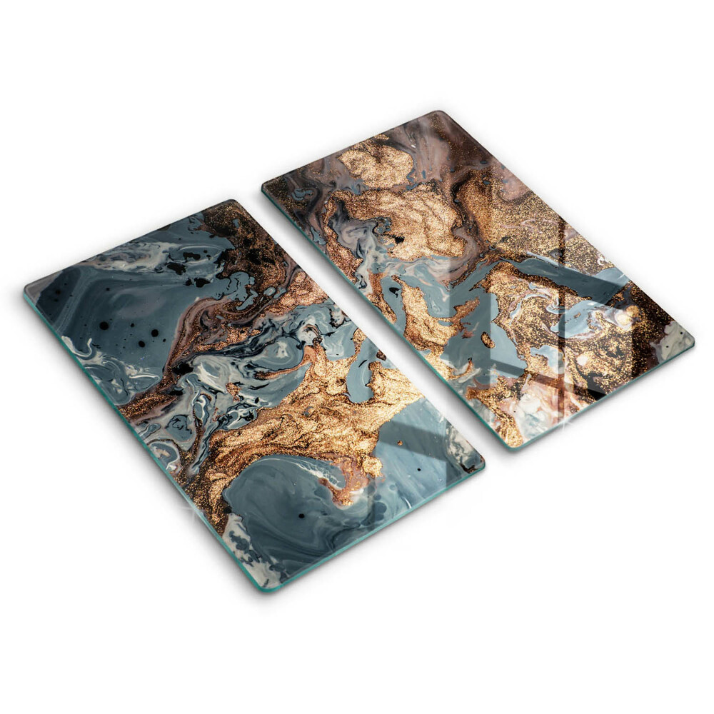 Sklo za varnú dosku dvojitý 2 kusy Zlaté mramorové víry na modrej