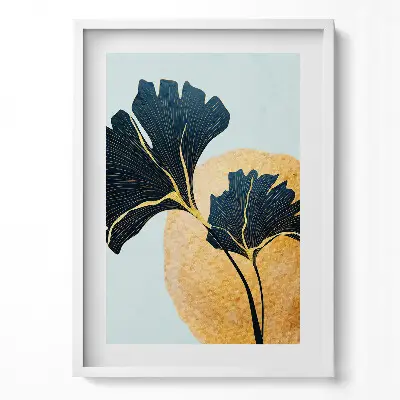 Obraz v ráme s ilustráciou listov ginkga a zlatého slnka