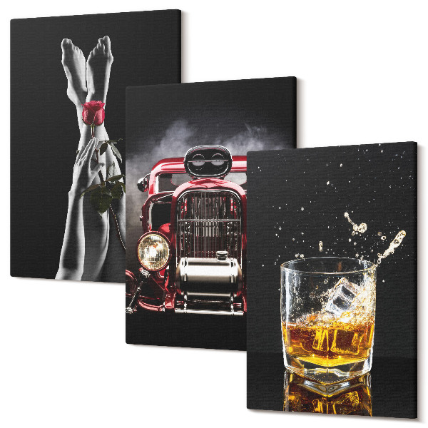 Sada 3 obrazov Ženské nohy s ružou, staré auto, pohár whisky