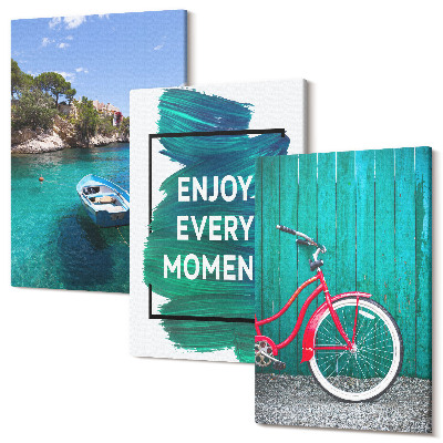 Sada obrazov na stenu triptych Výhľad na more s inšpiratívnym nápisom na lodiskom bicykli