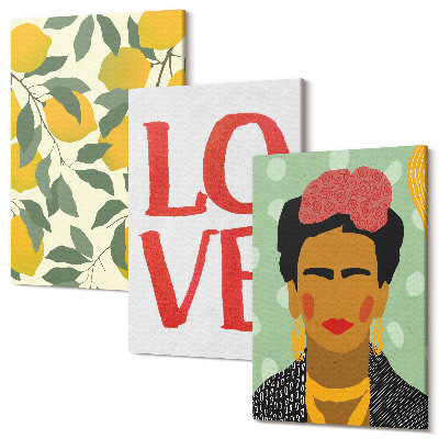 Sada 3 obrazov Citrónky s nápisom LOVE maľovaný portrét Fridy Kahlo