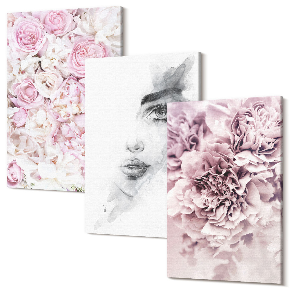 Sada 3 obrazov Jemné pivonky čiernobiely portrét ženy