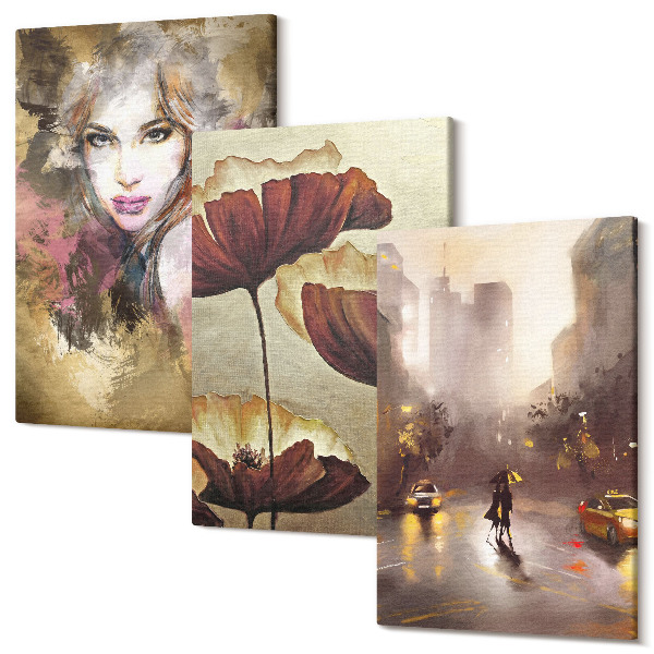 Sada 3 obrazov Abstraktný portrét ženy, kvety, mesto v daždi