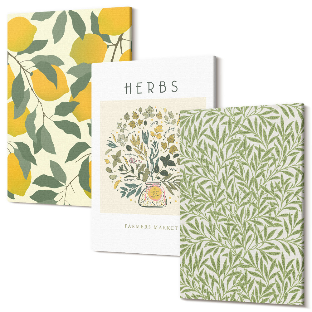 Sada obrazov na stenu triptych Citrónové motívy s bylinkami a listami rastlín