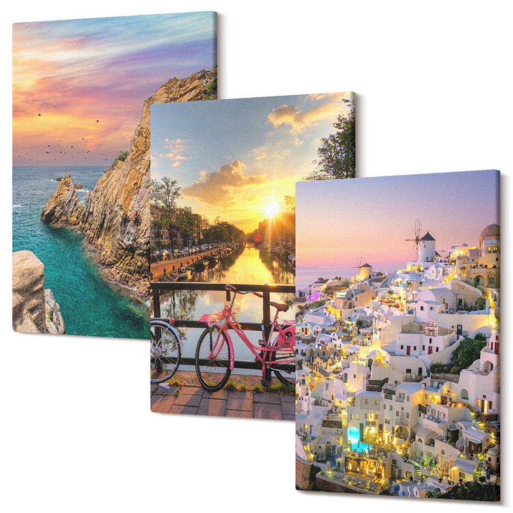 Sada 3 obrazov Výhľad na more so západom slnka a mesto