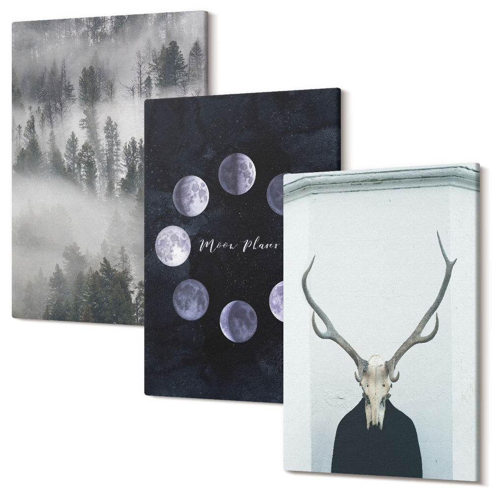 Sada obrazov triptych Lesná krajina v hmle fázy mesiaca jeleňa lebky