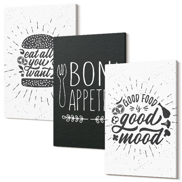 Sada obrazov na stenu triptych Grafika s jedlom a kulinárskymi sloganmi