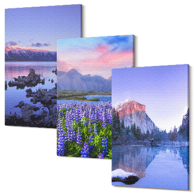 Sada 3 obrazov Horská krajina s vodou, oblohou a poľom kvetov