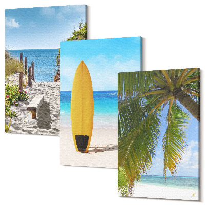 Sada obrazov triptych Dovolenkový výhľad na pláž, vlny a palmy v trópoch