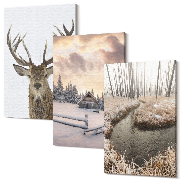 Sada obrazov na stenu triptych Zimná krajina s jeleňou búdou a potokom