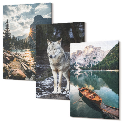 Sada obrazov triptych Hory, jazerá a vlk v prírodnom prostredí