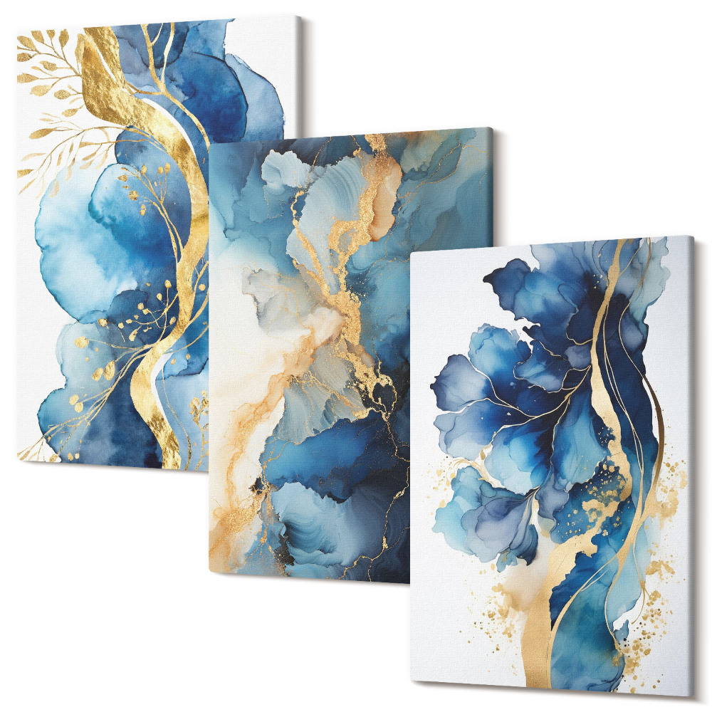 Sada obrazov na stenu triptych Modré abstraktné vzory s jemnými akcentmi