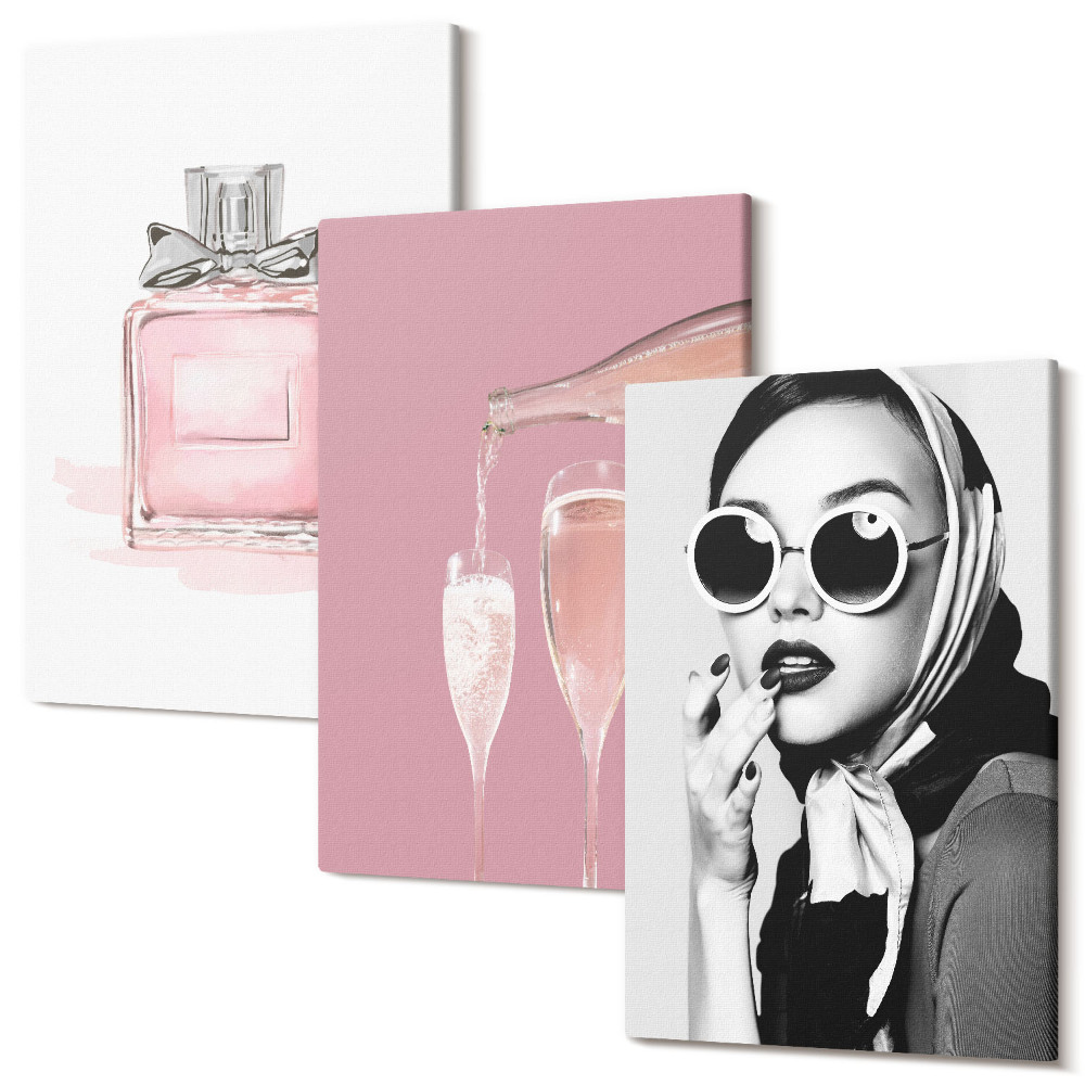 Sada 3 obrazov Štýlové ženské doplnky v odtieňoch ružovej