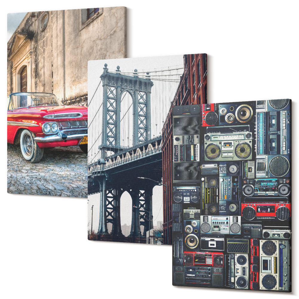 Sada obrazov triptych Staré auto na ulici pri Brooklyn Bridge a retro audio vybavenie