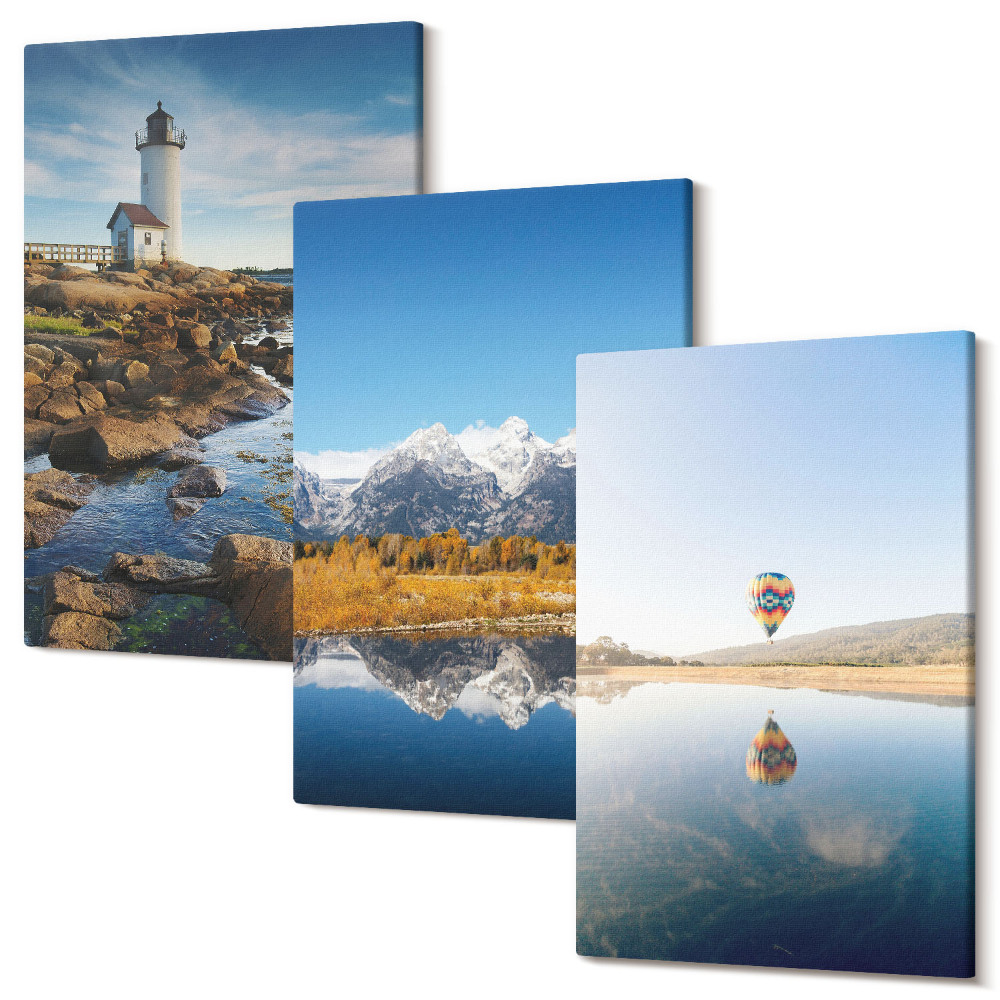 Sada obrazov na stenu triptych Výhľady do prírody s majákom, horami, jazerom a balónom