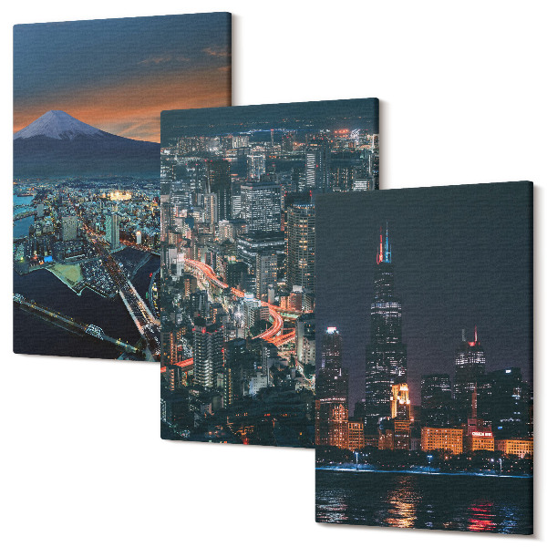 Sada obrazov triptych Horský výhľad na mesto v noci s mrakodrapmi