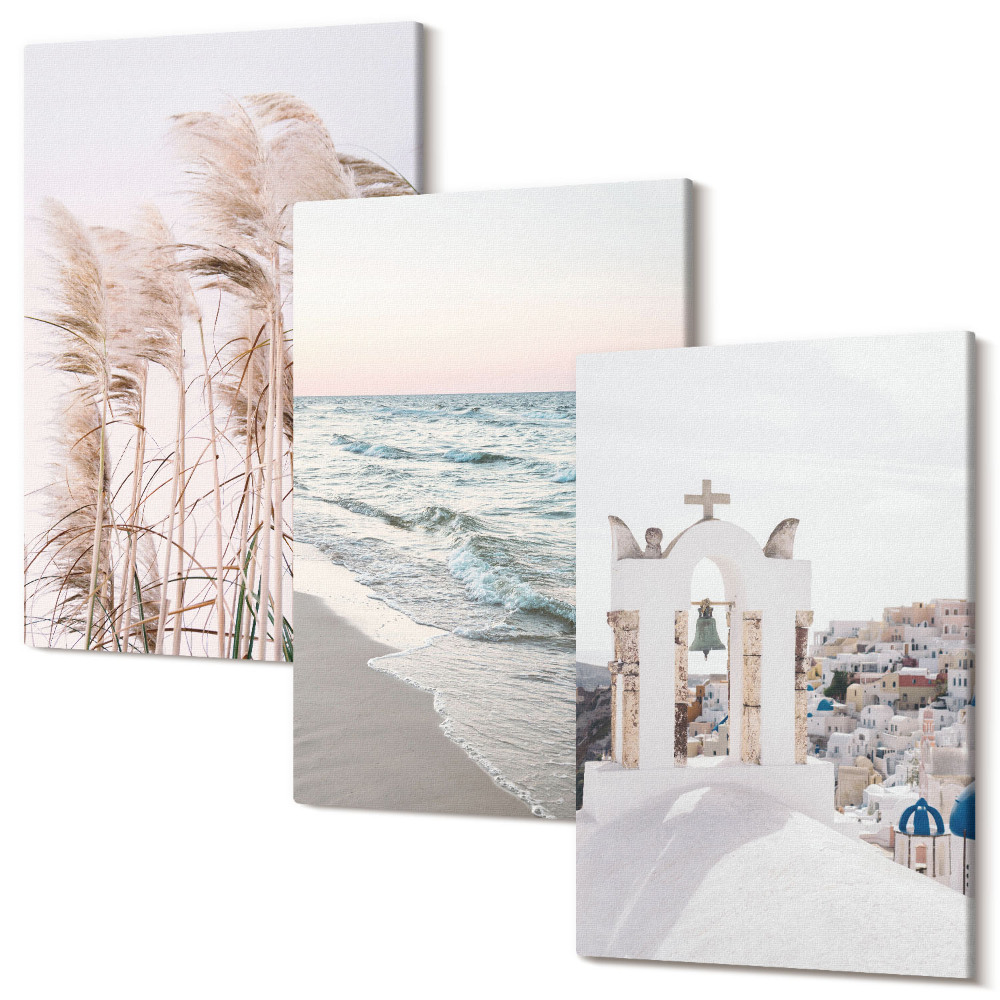 Sada 3 obrazov Prímorské rastliny, morské vlny, pohľad na biele domy