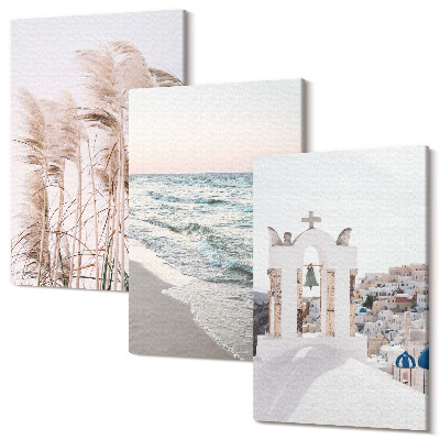 Sada 3 obrazov Prímorské rastliny, morské vlny, pohľad na biele domy