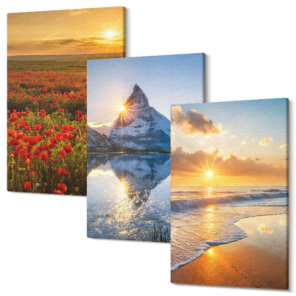 Sada 3 obrazov Horská a prímorská krajina so západom slnka