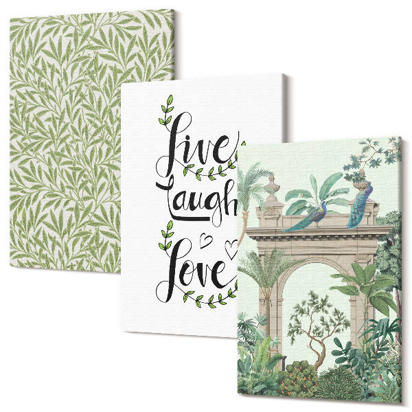 Sada obrazov triptych Zelené listy, nápisy a exotické rastliny v architektúre