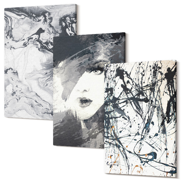 Sada 3 obrazov Abstraktné vzory v odtieňoch čiernej a bielej