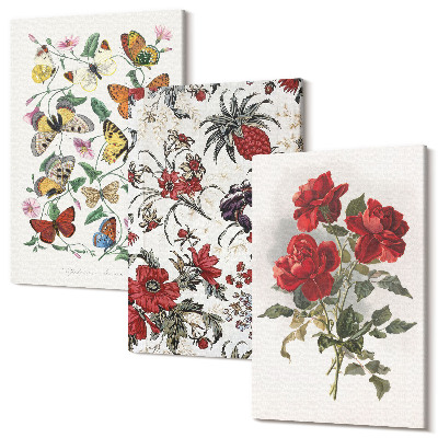 Sada obrazov triptych Motýle, kvety a červené ruže v klasickom štýle
