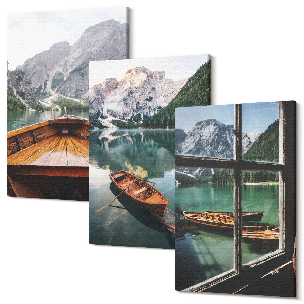 Sada obrazov triptych Pohľad na horské jazero s loďami a oknom v pozadí