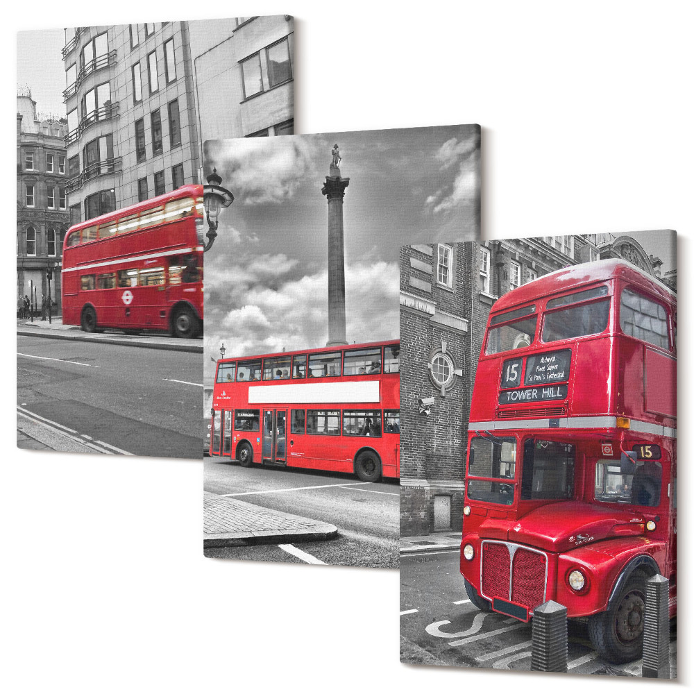 Sada obrazov triptych Červené autobusy v mestskej krajine Londýna