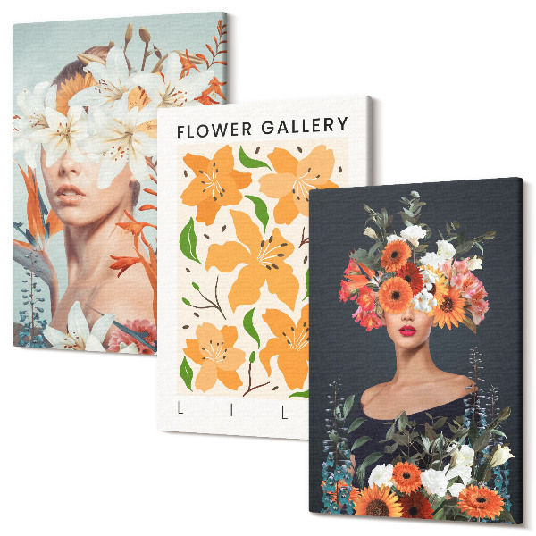 Sada obrazov triptych Kvetinové portréty s farebnými kyticami a listami