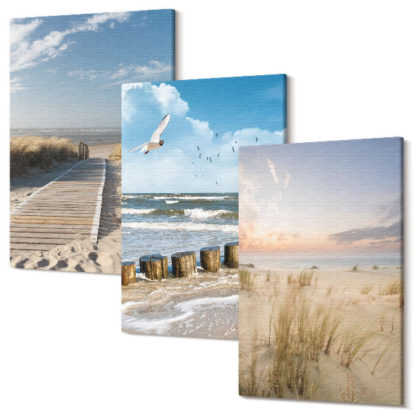 Sada obrazov na stenu triptych Pláž s pieskom, vlnami, oblohou a letiacimi vtákmi