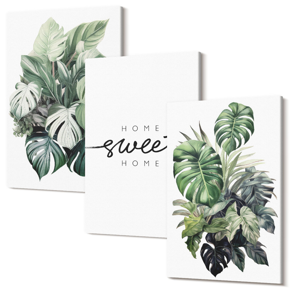 Sada obrazov na stenu triptych Zelené rastliny s nápisom Sweet Home