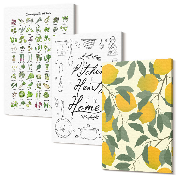 Sada obrazov na stenu triptych Zoznam byliniek, kuchynský nápis a maľované citróny