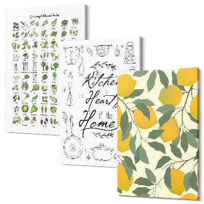 Sada obrazov na stenu triptych Zoznam byliniek, kuchynský nápis a maľované citróny