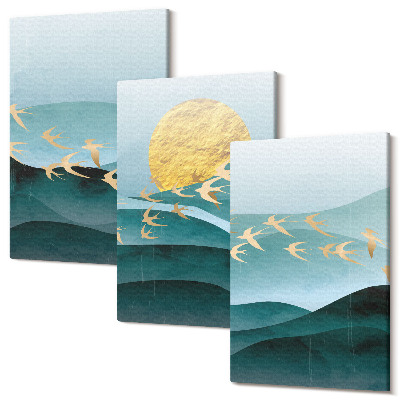Sada obrazov na stenu triptych Abstraktné krajiny slnečných vĺn a lietajúcich vtákov