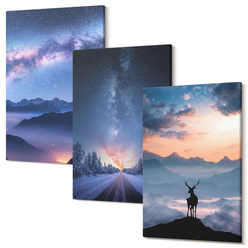 Sada 3 obrazov Nočná obloha, hory, krajina v hmle a jeleň